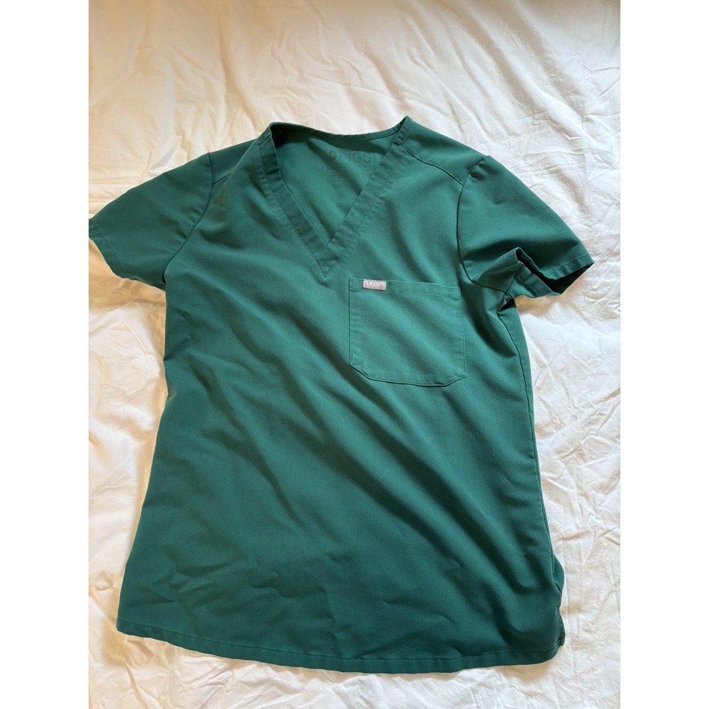 FIGS Women's XS Green Solid V-Neck Scrub Top Pocket